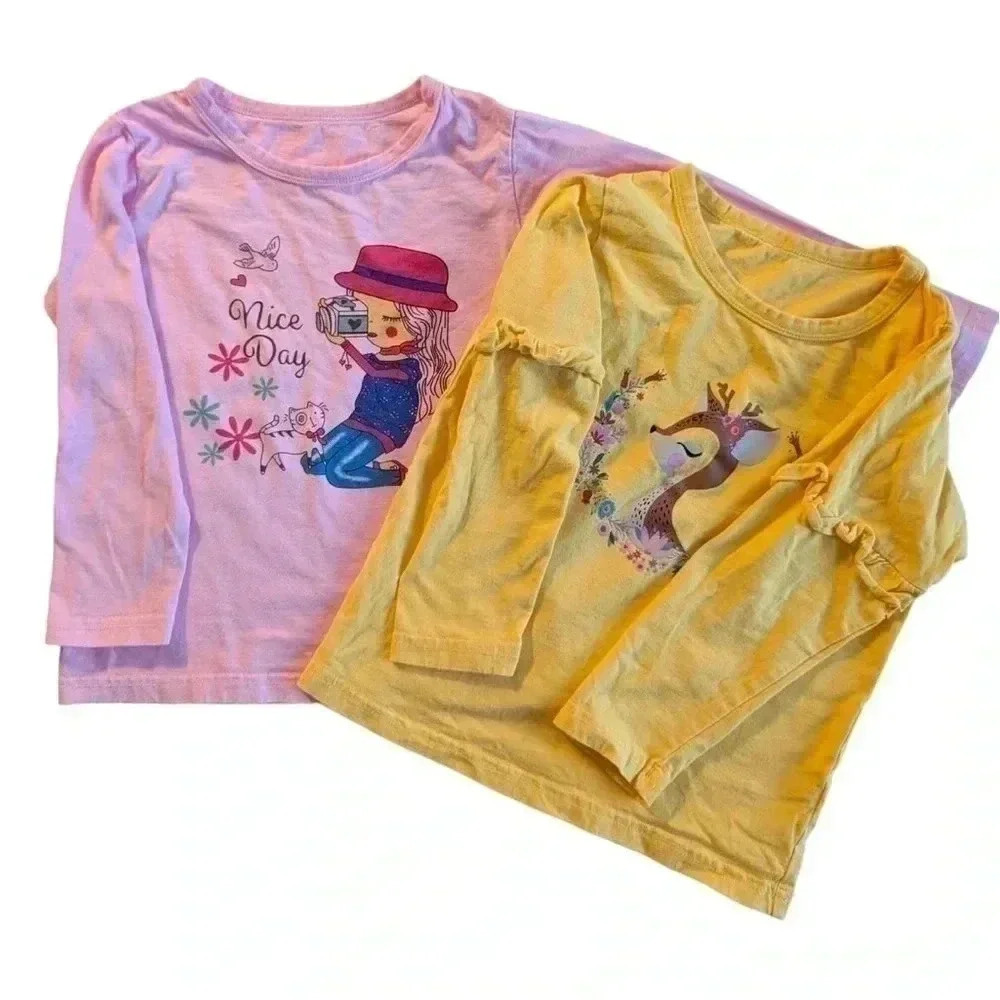 Girls Long Sleeve Shirt Cotton Floral Yellow Pink Crewneck Top Bundle SZ 5T